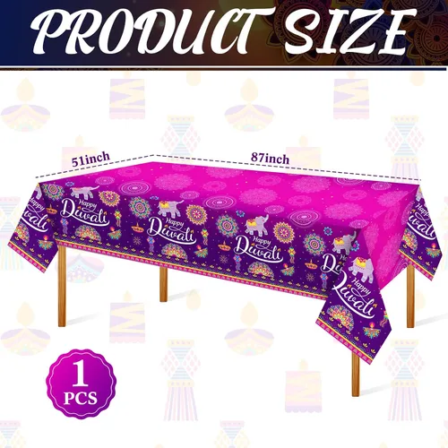 Miniatura 3 de Peryiter Happy Diwali Mantel desechable, mantel de plástico para mesas rectangulares, mantel Diwali para decoración de fiesta, celebración de luz