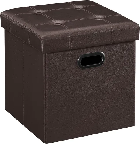 Miniatura 12 de Otomana plegable por Songmics, cubo de almacenamiento de 15 pulgadas con agujero y asa, piel sintética, Madera, Negro