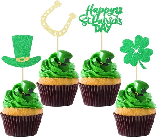Miniatura 8 de Gyufise Paquete de 24 adornos para cupcakes del Día de San Patricio Lucky Oh Baby con decoraciones de cuatro hojas para pastel de baby shower de San