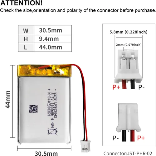 Miniatura 3 de EEMB Batería de polímero de litio 3.7V 1100mAh 903042 Lipo Batería recargable con conector JST de cable para altavoz y dispositivo inalámbrico
