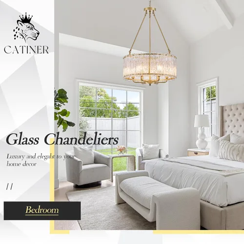 Miniatura 9 de CATINER Candelabro de cristal de 20 pulgadas, moderno, 6 luces, lámparas de tambor dorado, iluminación colgante de techo de lujo para entrada