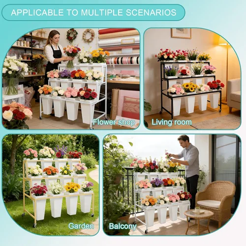 Miniatura 8 de Soporte de exhibición de flores de 3 niveles, soporte móvil de metal para plantas con 12 cubos, carrito de flores con ruedas, adecuado
