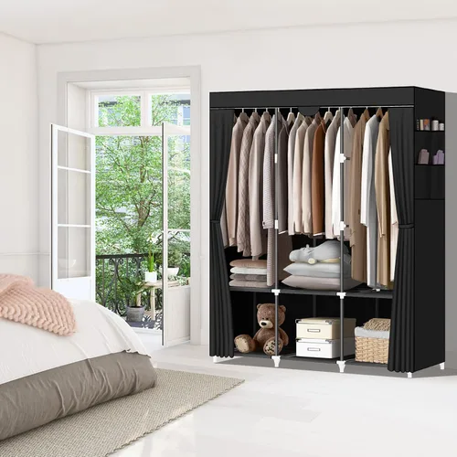 Miniatura 2 de LOKEME Armario portátil, armarios portátiles para colgar ropa con 3 varillas para colgar y 6 estantes de almacenamiento y 4 bolsillos laterales