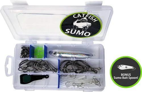 Miniatura 2 de Juego completo de aparejos de bagre Kit de pesca de gato trofeo con ganchos circulares 8/0, caja de almacenamiento, deslizadores de platina