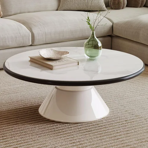 Miniatura 7 de Mesa auxiliar redonda con aspecto de mármol sintético, mesa central blanca con pedestal estable, mesa de comedor moderna de vidrio templado