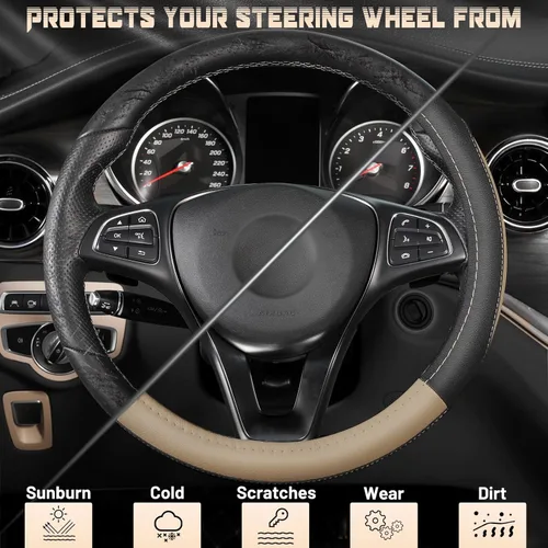 Miniatura 4 de SEG Direct Funda para volante de automóvil, tamaño mediano estándar de 14 1/2-15 pulgadas, embalaje no plegable, resistente, antideslizante, cuero