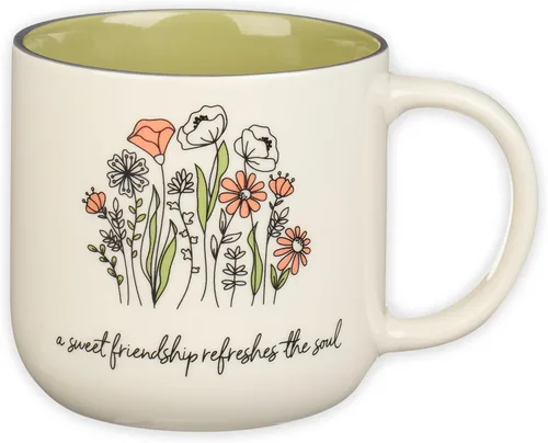 Taza de cerámica de arte cristiano verde salvia con flores - 15 oz. Taza de café y té inspiradora con escrituras bíblicas apta para microondas y