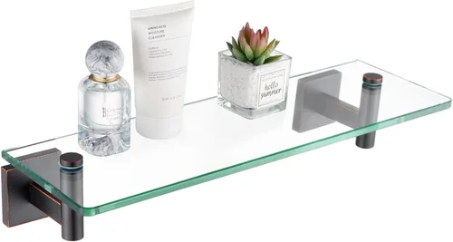 Miniatura 27 de KOKOSIRI Estantes de Pared Hardware de Baño Estante Flotante de Vidrio de 12 Pulgadas para Dormitorio, Sala de Estar, Cocina, Rack Colgante Bronce