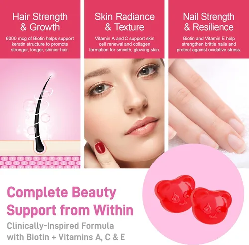 Miniatura 6 de Biobor - Gomitas naturales de biotina de 6000 mcg sin azúcar añadido, gomitas de belleza para el cabello, la piel y las uñas, con vitaminas A C E