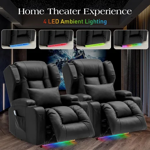 Miniatura 8 de Sillas reclinables eléctricas para adultos con masaje y calor, silla reclinable individual de piel sintética, sofá reclinable reclinable para cine