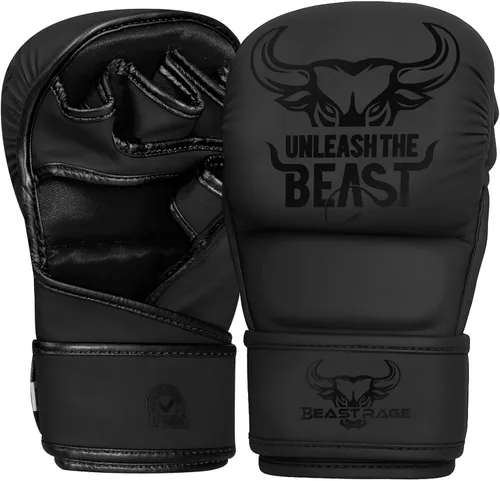 BEAST RAGE Guantes MMA para Hombres Mujeres, Muñequeras Ajustables de Palma Abierta para Artes Marciales Grappling Sparring para Muay Thai Lucha en