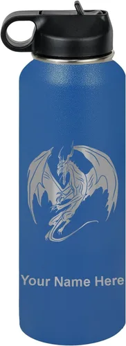 Miniatura 24 de LaserGram Botella de agua con tapa abatible de doble pared de 12 onzas con pajilla, dragón, grabado personalizado incluido (negro)