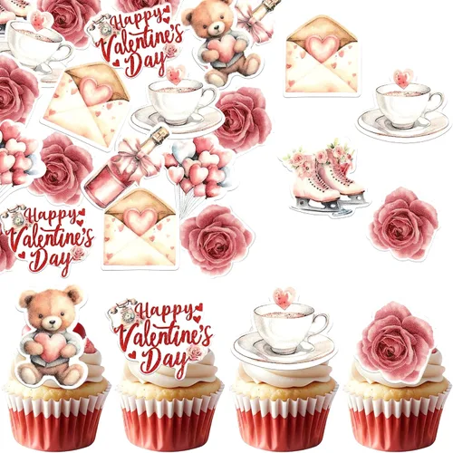 Miniatura 23 de Rsstarxi Paquete de 24 adornos para cupcakes para el día de San Valentín, con purpurina roja, dulce amor, para cupcakes, decoración de San Valentín