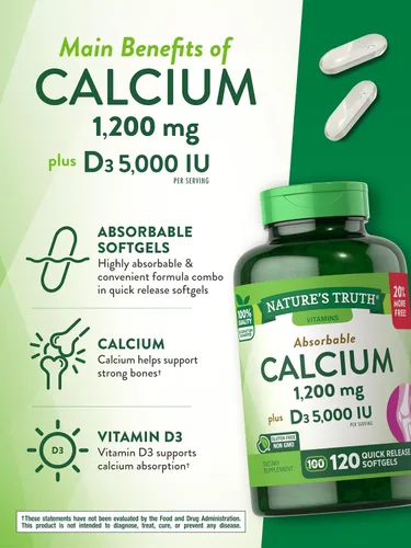 Miniatura 4 de Nature's Truth Calcio 1200 mg más suplementos de IU de vitamina D3 5000, 120 cuentas (Paquete de 3)