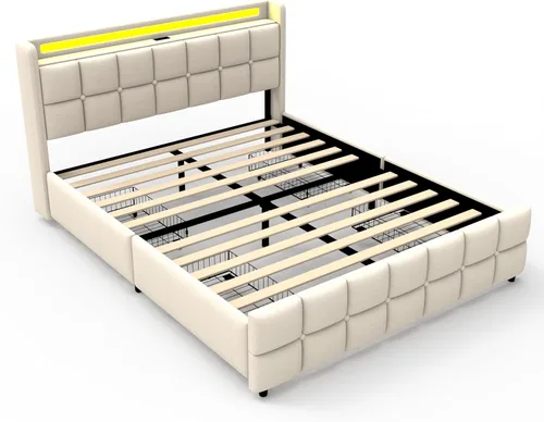Miniatura 9 de Juego Base de cama Full 3 en 1 con luz LED RGB, enchufe y estación de carga USB y tipo C, 4 cajones, listones de madera, cama tapizada, sin ruido