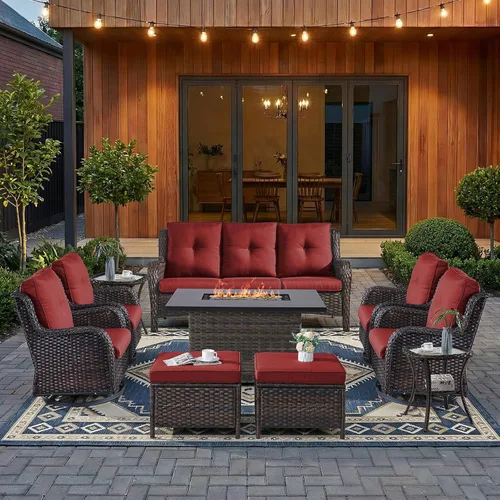 Miniatura 49 de HUMMUH Sillas Mecedoras Giratorias de Mimbre para Patio Exterior con Respaldo Alto, Sillas Deslizantes de Ratán PE, Juego de Muebles de Patio de 4