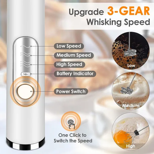 Miniatura 3 de Espumador de Leche de Mano, Batidor de Café Recargable con 2 Batidores de Acero Inoxidable de 3 Velocidades, Mezclador de Bebidas, Espumador Blanco