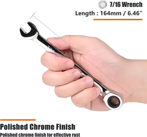 Miniatura 3 de Egofine - Llave combinada de trinquete de 7/16 pulgadas SAE, llave de engranajes de grado industrial con diseño de 12 puntos, trinquete de 72