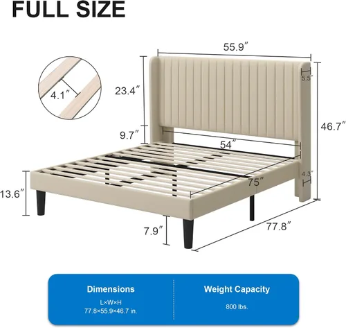Miniatura 2 de GOLDORO Base de cama tapizada de tamaño matrimonial con cabecera de ala capitonada de canal vertical, soporte de listones de madera, no necesita