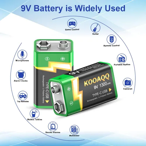 Miniatura 6 de Baterías recargables de 9 V, batería de litio de 1300 mAh de 9 voltios para alarmas de humo, micrófonos, walkie-talkie, juguetes, etc., recarga