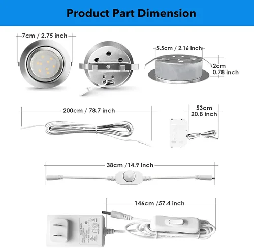 Miniatura 6 de Luces LED de disco con cable debajo del gabinete, iluminación regulable, montaje empotrado, enchufe para estante de exhibición, Curio, accesorios