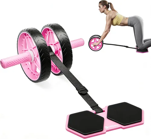 Double-Wheel Ab Roller for Core Training – Rebound Design with Adjustable Elastic Band, Silent Non-Slip Wheels, Detachable Build, Knee Pad & Bands –