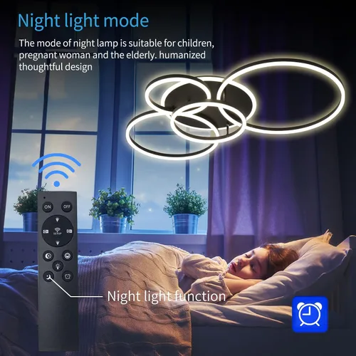 Miniatura 3 de Lámpara de techo LED moderna de 90W regulable con control remoto, 5 anillos, lámpara de techo empotrada, candelabro acrílico negro LED para sala