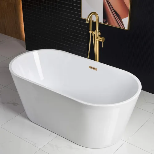 Miniatura 3 de WOODBRIDGE - Tina de baño independiente de acrílico contemporánea de 59 pulgadas color blanco, con rebosadero y drenaje de oro cepillado, B0014-BG