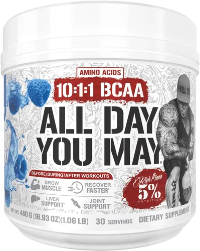 5% Nutrition Rich Piana AllDayYouMay BCAA Powder | Aminoácidos prémium para intra y después del entrenamiento, EAA, electrolitos | Hidratación,