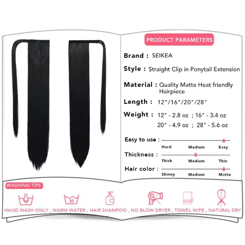 Miniatura 3 de SEIKEA Extensión de cola de caballo con clip alrededor del cabello lacio para mujer (12 pulgadas, negro)