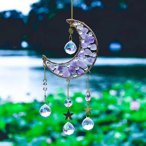 Atrapasoles de luna de cristal de amatista con piedras curativas, bola de cristal colgante para ventana interior, decoración del hogar, dijes de