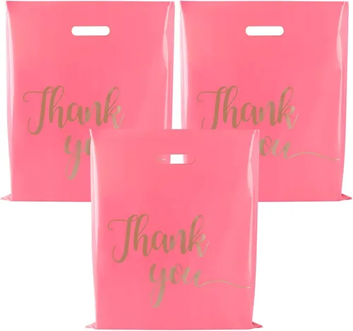 ZORRITA Paquete de 100 bolsas de agradecimiento para pequeñas empresas, bolsas de plástico de 15 x 18 pulgadas con asas, bolsa de mercancía al por