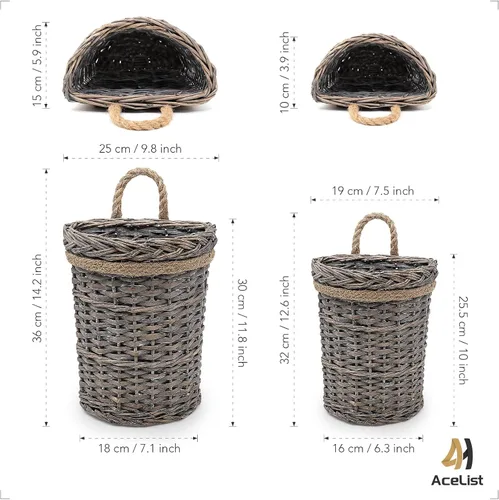 Miniatura 2 de AceList Paquete de 2 cestas tejidas de mimbre para colgar en la pared, decoración de bolsillo de pared de sauce gris para flores sintéticas