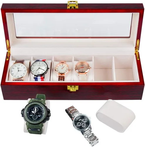 ywduoying Caja de reloj de madera con 6 ranuras anchas para relojes de madera organizador de almacenamiento caja de reloj vintage roja para hombre