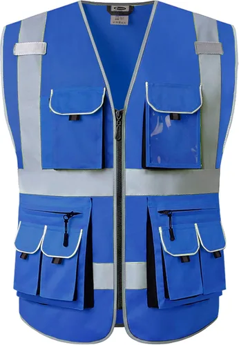 JKSafety Chaleco de seguridad de color azul con 10 bolsillos y cremallera frontal con tiras altamente reflectantes que cumple con las normas
