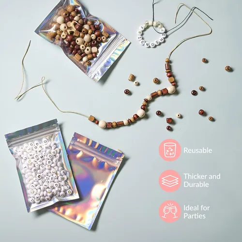 Miniatura 5 de Prestee Paquete de 100 bolsas de Mylar de 4 x 6 pulgadas, bolsas holográficas resellables con ventana, bolsa de Mylar a prueba de olores
