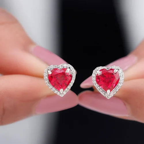 Miniatura 12 de 3.5 CT Lab Created Ruby and Moissanite Earrings, Created Ruby Stud Earrings with Moissanite Halo, Created Ruby Heart Stud Earrings, 14K Solid Gold