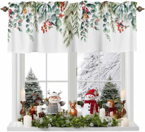 Miniatura 22 de Cenefa de amarre cardenal de Navidad, cenefa de cocina ajustable con hojas de eucalipto verde baya, cenefas blancas con bolsillo para barra