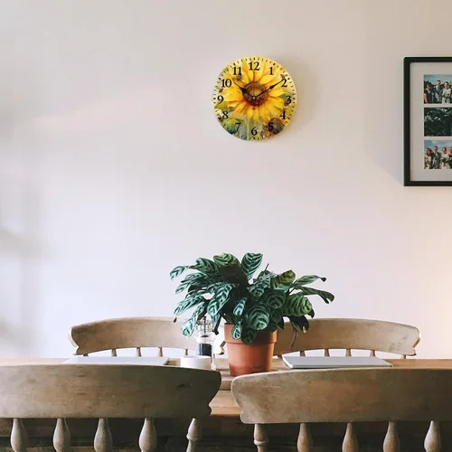 Miniatura 5 de Relojes de pared de 16 pulgadas, girasol con abejas y hojas, movimiento de cuarzo decorativo de madera, número arábigo, mariposa, girasol, reloj