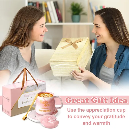 Miniatura 5 de Nitial Calentador de Café de Agradecimiento con Juego de Taza para Mujeres Taza de Mármol Rosa Placa Calentadora de Tazas Regalo de Agradecimiento
