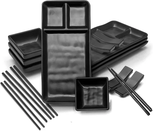Juego de servir de sushi, con 4 platos japoneses para servir sushi, 4 platos de salsa de soja, 4 pares de palillos y 4 soportes para palillos, juego
