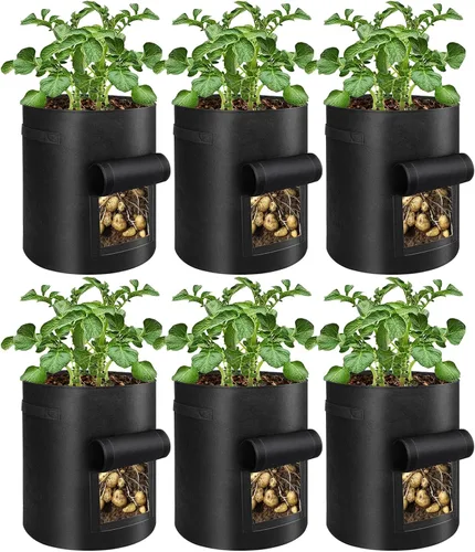 Paquete de 6 bolsas de cultivo de papas, bolsas de plantación de 10 galones, macetas grandes de tela con ventana de solapa, maceta de jardín, Negro
