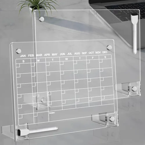 Miniatura 11 de Calendario acrílico negro de borrado en seco con soporte para escritorio, 16 x 12 pulgadas, pizarra blanca mensual de escritorio grande, pizarra