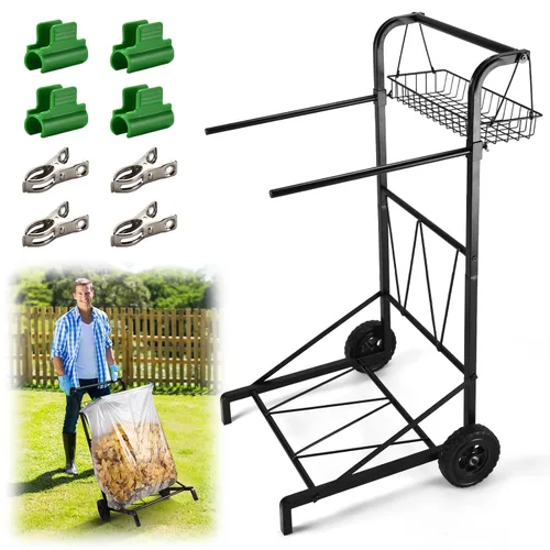 CAROD Carrito de bolsa de basura mejorado con cesta de almacenamiento y mango ergonómico, soporte ajustable para bolsas de hojas para exteriores de