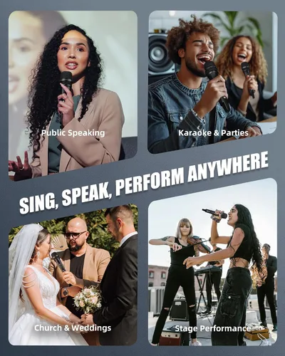Miniatura 9 de Micrófonos inalámbricos, micrófono de karaoke profesional, sistema UHF de doble micrófono con rango de 260 pies, micrófono portátil de metal
