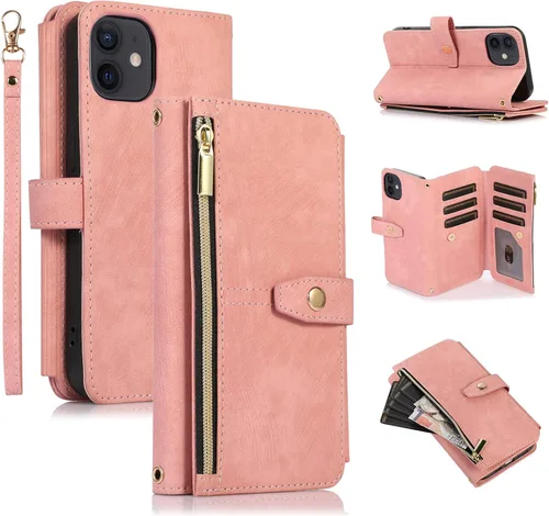Miniatura 32 de UEEBAI Funda tipo cartera para iPhone 12 Mini de 5.4 pulgadas, retro 9 ranuras para tarjetero, bolsillo con cremallera, cierre magnético, función