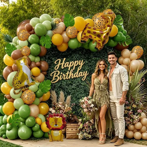 Miniatura 6 de Kit de guirnalda de arco de globos de safari de selva, verde salvia, marrón, amarillo, estampado animal, hojas de palma, para Wild One, safari, baby