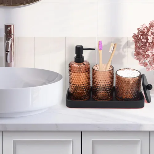 Miniatura 2 de Conjunto de accesorios de baño, 4 piezas de accesorios de baño de vidrio ámbar - Dispensador de jabón de loción, soporte para cepillo de dientes