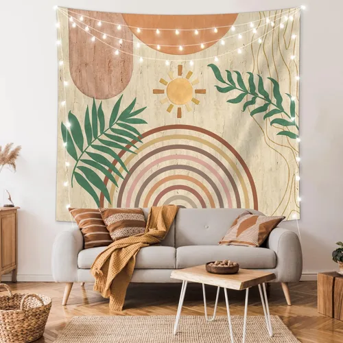 SUOTEMEIFEI Tapiz de arte bohemio con plantas, tapiz retro con plantas, puesta de sol, paisaje, estético, abstracto, para pared, dormitorio, sala de