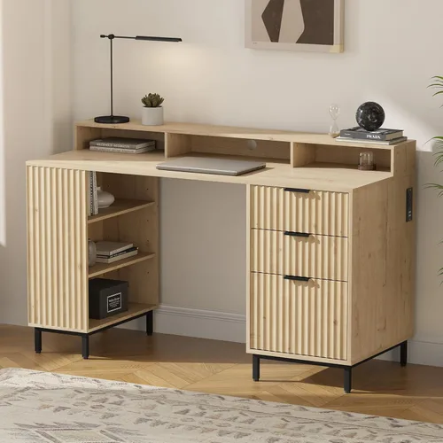 Miniatura 10 de EYYTHUNG Escritorio ejecutivo acanalado con estante de almacenamiento y cajón de archivos, escritorio de oficina de madera moderno de 55 pulgadas